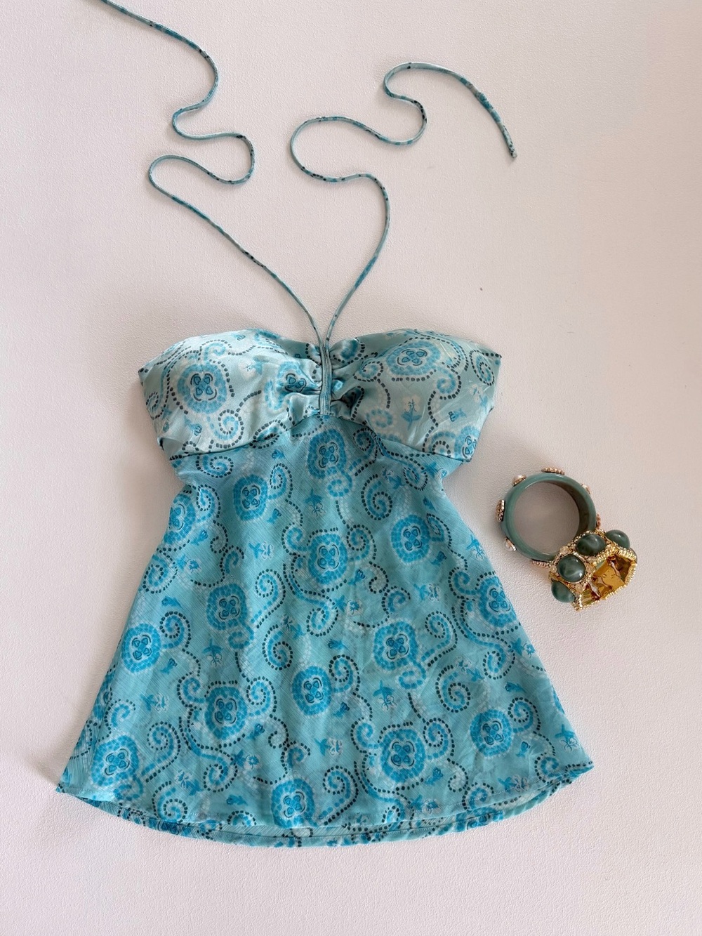 Vintage Y2K Aqua Paisley Strapless Halter Top